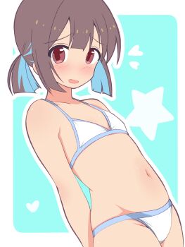1girl absurdres arms_behind_back bikini blush commentary_request dutch_angle flat_chest highres hozuki_momiji loli looking_at_viewer navel onii-chan_wa_oshimai! open_mouth shy solo stomach swimsuit unkimo white_bikini