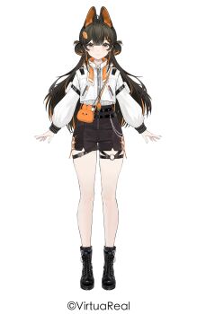 1girl ahoge animal_bag animal_ears bag black_hair black_shoes black_shorts braid carrot_hair_ornament center-flap_bangs chinese_commentary closed_mouth colored_inner_animal_ears commentary_request copyright_name copyright_notice food-themed_hair_ornament full_body hair_between_eyes hair_ornament highres jacket liko_(virtuareal) long_hair multicolored_hair nijisanji official_art orange_bag orange_hair rabbit_ears rabbit_tail shoes shorts shoulder_bag simple_background smile solo standing straight-on streaked_hair tachi-e tail two-tone_hair virtual_youtuber virtuareal white_background white_jacket yellow_eyes