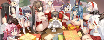 1boy 6+girls :d :q :t aegir_(azur_lane) ahoge ass azur_lane belfast_(azur_lane) bikini black_hair blue_eyes blush bob_cut bodystocking breast_rest breasts capelet carried_breast_rest carrying character_request cheshire_(azur_lane) choker christmas christmas_present cleavage club3 commander_(azur_lane) cone_hair_bun desk double_bun dress epaulettes friedrich_der_grosse_(azur_lane) gift gloves grey_hair hair_bun hair_over_one_eye hairband heart_pasties highres horns huge_breasts illustrious_(azur_lane) jacket large_breasts leotard long_hair looking_at_viewer manjuu_(azur_lane) medium_hair multicolored_hair multiple_girls new_jersey_(azur_lane) on_desk one_eye_covered open_mouth pasties pink_hair pom_pom_(clothes) purple_eyes red_bikini red_capelet red_choker red_eyes red_leotard santa_costume santa_dress saratoga_(azur_lane) seductive_smile shota sirius_(azur_lane) sitting smile split-color_hair streaked_hair swimsuit taihou_(azur_lane) tongue tongue_out twintails very_long_hair wedgie white_gloves white_hair white_jacket yellow_eyes ying_swei_(azur_lane)
