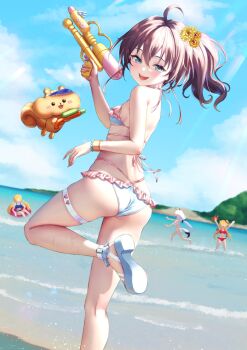 4girls ass bare_shoulders beach bikini blue_eyes breasts character_request cloud day flower hair_flower hair_ornament highres holding holding_water_gun hololive kneepits legs mary_is_mine multiple_girls natsuiro_matsuri ocean open_mouth outdoors shoe_soles sky small_breasts smile solo_focus standing standing_on_one_leg swimsuit virtual_youtuber water_gun white_bikini