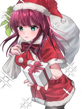 1girl :d alternate_costume angel_beats! aqua_eyes black_pantyhose blunt_bangs blush bow bowtie box breasts capelet christmas commentary cowboy_shot dress dual_wielding eyelashes floating_hair fur-trimmed_capelet fur-trimmed_dress fur-trimmed_headwear fur_trim gift gift_box green_bow hair_bow hands_up hat highres holding holding_gift holding_sack incoming_gift long_hair looking_at_viewer medium_breasts nakamura_yuri open_mouth pantyhose plaid_bow plaid_bowtie plaid_clothes pom_pom_(clothes) purple_hair red_bow red_bowtie red_capelet red_hat sack santa_costume santa_dress santa_hat simple_background smile solo sparkle symbol-only_commentary tsurime user_vkcr5455 v-shaped_eyebrows white_background