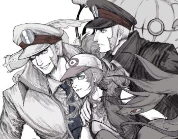 1girl 2boys brothers chandelure commentary_request eelektross emmet_(pokemon) gen_5_pokemon greyscale grin hat hilda_(pokemon) ingo_(pokemon) long_hair monochrome multiple_boys nintendo peaked_cap pokemon pokemon_(creature) ponytail serperior short_hair siblings smile spot_color twins ymm_(ge2yytz3bf1ssos)