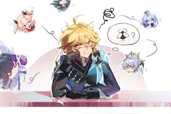 >_o 2boys 4girls :> ? aether_(genshin_impact) aether_(snezhnaya)_(genshin_impact) ahoge aqua_eyes aqua_hair armor barefoot black_dress black_gloves black_hair black_necktie black_thighhighs blonde_hair blue_cape blue_jacket blush_stickers bow bowtie bright_pupils brother_and_sister bug cameo cape celaeno_(genshin_impact) chibi chibi_inset chinese_clothes clenched_hand closed_eyes closed_mouth collared_dress colored_inner_hair columbina_(genshin_impact) commentary company_connection crossover detached_sleeves dress earrings english_commentary eyelashes feathered_wings fly flying full_body genshin_impact gloves gradient_hair hair_between_eyes hair_ornament hairband half-closed_eyes halo halo_behind_head hand_on_own_face hand_up head_wings highres honkai:_star_rail honkai_(series) horns insect jacket jewelry lapels linnea_(genshin_impact) long_hair looking_at_viewer looking_up messy_hair mihoyo multicolored_hair multiple_boys multiple_girls multiple_wings necktie no_mouth official_alternate_costume one_eye_closed open_mouth orange_eyes pink_hair purple_dress purple_hair purple_sleeves red_dress red_eyes reflection robin_(honkai:_star_rail) shirt short_hair short_sleeves shoulder_armor siblings sidelocks simple_background single_earring sleeveless sleeveless_dress smile sparkle speech_bubble squiggle sunday_(honkai:_star_rail) table thighhighs thought_bubble two-tone_dress two-tone_hair upper_body v-shaped_eyebrows very_short_hair viviwi wavy_hair white_background white_bow white_bowtie white_dress white_hairband white_pupils white_shirt wings x_hair_ornament yellow_eyes