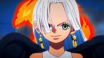 1girl animated animated_gif anime_screenshot black_wings dark-skinned_female dark_skin earrings fire gold_earrings jewelry long_hair looking_at_viewer one_piece s-snake seraphim_(one_piece) smile snake_earrings star-shaped_pupils star_(symbol) symbol-shaped_pupils white_hair wings