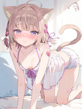 Rule 34 | 1girl, absurdres, ahoge, all fours, animal ear fluff, animal ears, babydoll, bandaid, bandaid on arm, bandaid on leg, bare shoulders, barefoot, blunt bangs, blush, bow, breasts, brown hair, cat ears, cat girl, cat tail, closed mouth, commentary, commission, full body, hair bow, hair intakes, hair ribbon, highres, indie virtual youtuber, looking at viewer, medium hair, meluna iloli, multicolored hair, nose blush, pink streaks, purple eyes, purple ribbon, ribbon, short shorts, shorts, skeb commission, small breasts, smile, snow-yuuki, solo, streaked hair, tail, virtual youtuber, white babydoll, white bow, white shorts