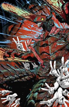 1boy 1girl black_hair blood bloody_weapon bright_pupils chainsaw chainsaw_devil chainsaw_man commentary_request cowboy_shot cross_scar demon demon_horns denji_(chainsaw_man) facial_scar highres horns intestine_clothing intestines open_mouth pull_cord ringed_eyes scar scar_on_cheek scar_on_face sharp_teeth solo_focus subbaru teeth v weapon yellow_eyes yoru_(chainsaw_man)