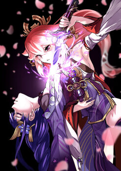2girls animal_ears blunt_bangs blurry braid breasts bridal_gauntlets carrying carrying_person cherry_blossoms cleavage closed_eyes commentary couple depth_of_field detached_sleeves drawing_sword electricity falling_petals fox_ears fox_girl from_side genshin_impact glowing glowing_sword glowing_weapon hair_between_eyes hair_ornament headpiece holding holding_sword holding_weapon huge_breasts human_scabbard japanese_clothes jewelry k2isu kimono leaning_back leaning_forward leaning_to_the_side lingerie long_braid long_sleeves looking_down mitsudomoe_(shape) mole mole_under_eye multiple_girls musou_isshin_(genshin_impact) off_shoulder parted_lips pendant petals pink_hair pink_petals purple_eyes purple_hair purple_kimono raiden_shogun red_sash sash scene_reference shaded_face shoujo_kakumei_utena sideboob single_braid standing sword sword_between_breasts thick_thighs thighs tomoe_(symbol) underwear weapon wide_sleeves yae_miko yuri