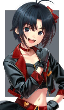 Rule 34 | 1girl, antenna hair, black eyes, black gloves, black hair, blush, choker, clenched hand, commentary request, crop top, cropped jacket, flat chest, gloves, highres, idolmaster, idolmaster (classic), jacket, kikuchi makoto, looking at viewer, navel, nekopuchi, open clothes, open jacket, open mouth, short hair, skirt, smile, solo, upper body