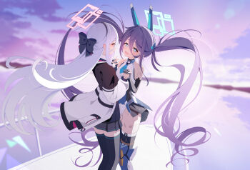 2girls absurdres aqua_halo aris_(armed)_(blue_archive) aris_(blue_archive) bare_shoulders black_hair black_hairband black_vest blue_archive blue_eyes blue_necktie blush breasts closed_mouth collared_shirt commentary_request double-parted_bangs grey_skirt hair_between_eyes hairband halo headgear highres holding holding_hands jacket kei_(blue_archive) kei_(new_body)_(blue_archive) leotard long_hair long_hair_between_eyes long_sleeves looking_at_viewer mecha_musume mechanical_arms mechanical_legs multiple_girls necktie official_alternate_costume official_alternate_hairstyle open_clothes open_jacket open_mouth pink_eyes puffy_long_sleeves puffy_sleeves rectangular_halo revision ringed_eyes shirt short_necktie showgirl_skirt sikimosh sitting skirt sleeves_past_wrists small_breasts smile thighhighs twintails very_long_hair vest white_hair white_jacket white_leotard white_shirt