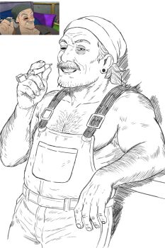 1boy alternate_muscle_size armpit_hair armpit_hair_peek bara c0volo character_request greyscale grin hairy highres knights_of_guinevere large_pectorals looking_at_viewer mature_male monochrome muscular muscular_male overalls pectoral_cleavage pectorals screenshot_inset seductive_smile smile smoking solo sparse_chest_hair sparse_stubble thick_arm_hair thick_eyebrows
