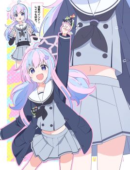 1girl acchii_(akina) ahoge arm_up backpack bag birthday black_neckerchief blue_archive blue_hair blue_jacket clenched_hand commentary_request cowboy_shot double_v grey_shirt grey_skirt halo highres jacket long_hair long_sleeves looking_at_viewer midriff_peek multicolored_hair multiple_views navel neckerchief open_clothes open_jacket open_mouth outline pink_bag pink_hair pink_outline purple_eyes reisa_(blue_archive) sailor_collar school_uniform shirt skirt standing translation_request twintails two-tone_hair v v-shaped_eyebrows white_sailor_collar