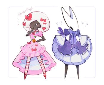 Rule 34 | 2girls, ?, alternate costume, ange (angeban93), arthropod girl, black skin, bow, colored skin, commentary, dress, english commentary, hair bow, highres, hollow knight, hollow knight: silksong, hornet (hollow knight), lace (hollow knight), laughing, multiple girls, multiple hair bows, ojou-sama pose, pink dress, purple dress, red bow, skirt hold, striped clothes, striped thighhighs, thighhighs, white background, white hair