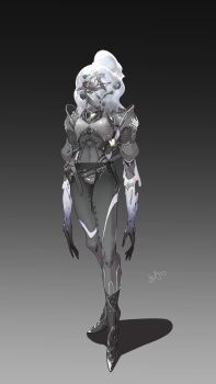 1girl absurdres armor bone breasts full_body gradient_background grey_background highres liquid monster_girl original push-button shadow small_breasts solo standing zuosi_zhichu