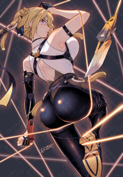 1girl arm_strap arm_up armpits ass back bare_shoulders black_background black_bow black_pants blonde_hair bow breasts bug chest_harness elbow_gloves evelyn_chevalier from_behind gloves hair_between_eyes hair_bow hair_ornament hair_up hairpin half_gloves harness high-waist_pants high_heels highres insect knife large_breasts latex_pants long_ribbon looking_at_viewer maki_yoshitake mole mole_under_eye moth moth_hair_ornament necktie pants purple_eyes ring_hair_ornament single_elbow_glove single_half_glove solo string thigh_strap thighs thread tight_clothes tight_pants too_many_watermarks watermark weapon yellow_necktie zenless_zone_zero