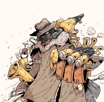 1boy big_band bike_horn brown_coat brown_hat coat cowboy_shot cyborg fedora fur-trimmed_collar fur_trim hangong1001 hashtag-only_commentary hat instrument looking_at_viewer male_focus saxophone simple_background skullgirls solo trumpet white_background