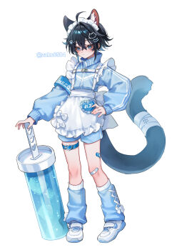 1boy absurdres ahoge animal_ear_fluff animal_ears apron black_hair blue_eyes blue_jacket blue_leg_warmers blue_shorts blush cat_boy cat_ears cat_tail commentary_request crossdressing crossdressing_(mtf) extra_ears food frown hand_on_own_hip highres jacket jersey_maid leg_warmers looking_at_viewer maid maid_headdress male_focus male_maid original oversized_food oversized_object popsicle short_hair shorts suzaku_(zaku6584) tail thigh_strap track_jacket unconventional_maid waist_apron white_apron