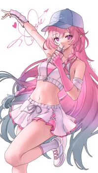 1girl absurdres aqua_hair aruakki bare_shoulders baseball_cap blue_hat breasts character_name commentary_request crop_top cup cyrene_(anta)_(honkai:_star_rail) cyrene_(demiurge)_(honkai:_star_rail) cyrene_(honkai:_star_rail) diamond-shaped_pupils diamond_(shape) disposable_cup drinking drinking_straw drinking_straw_in_mouth elbow_gloves fingerless_gloves gloves grey_socks hat highres holding holding_cup honkai:_star_rail honkai_(series) long_hair looking_at_viewer medium_breasts midriff miniskirt navel official_alternate_costume pink_gloves pink_hair purple_eyes shoes simple_background skirt socks solo symbol-shaped_pupils two_side_up very_long_hair white_arm_warmers white_background white_shoes white_skirt