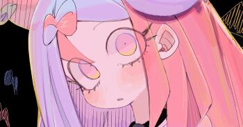 1girl black_background blush bow-shaped_hair commentary constricted_pupils iono_(pokemon) lightning_bolt_symbol long_hair looking_at_viewer multicolored_hair nintendo parted_lips pink_eyes pink_hair pokemon pokemon_sv portrait purple_hair solo two-tone_hair usa37107692 wide-eyed