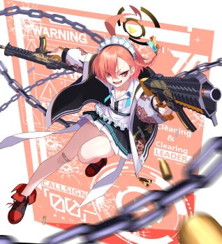 1girl absurdres ahoge bandaid bandaid_on_knee bandaid_on_leg black_halo black_nails blue_archive braid chain dual_wielding earrings english_text gun halo highres holding holding_gun holding_weapon huge_ahoge jacket jewelry kurosaki_saya long_sleeves maid_headdress miniskirt mole mole_under_each_eye mole_under_eye multiple_moles neru_(blue_archive) open_mouth orange_hair pleated_skirt print_jacket red_eyes red_shoes shoes short_hair sig_mpx single_braid skirt smile solo stud_earrings submachine_gun sukajan weapon