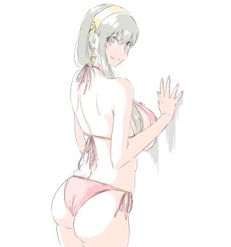 1girl ass bikini breasts closed_mouth earrings grey_hair hairband highres jewelry large_breasts looking_at_viewer mitsugu red_bikini smile solo spy_x_family swimsuit yellow_hairband yor_briar
