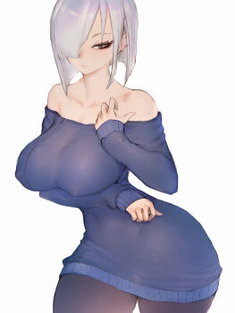 1girl bare_shoulders black_pantyhose blue_sweater breasts cleavage colored_eyelashes covered_erect_nipples curvy dress earrings fiona_frost fumio_(rsqkr) grey_eyes hair_over_one_eye highres jewelry large_breasts looking_at_viewer narrow_waist navel pantyhose short_hair simple_background solo spy_x_family sweater sweater_dress thick_thighs thighs white_background white_hair wide_hips