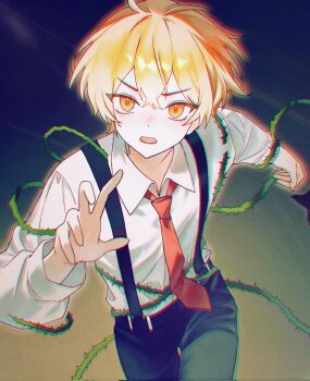 1boy black_pants blonde_hair buhuaixiaoguai collared_shirt entangled hashtag-only_commentary highres limbus_company male_focus necktie pants plant project_moon red_necktie running shirt short_hair sinclair_(project_moon) solo suspenders vines white_shirt yellow_eyes