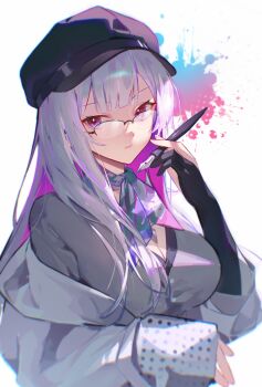 1girl absurdres beret blunt_bangs breasts cleavage colored_inner_hair glasses gloves hashtag-only_commentary hat highres holding holding_pen honkai:_star_rail honkai_(series) long_hair multicolored_hair neck_ribbon nihilux_(honkai:_star_rail) off_shoulder partially_fingerless_gloves pen purple_eyes ribbon shirt shotgunman white_hair