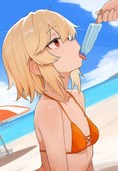 1girl 1other absurdres beach beach_umbrella bikini blonde_hair blue_sky breasts cloud day food from_side girls&#039;_frontline highres holding holding_food holding_popsicle nagant_revolver_(girls&#039;_frontline) nagant_revolver_(trumpeter_of_the_azure_waves)_(girls&#039;_frontline) official_alternate_costume open_mouth orange_bikini popsicle red_eyes shenqi_xiaohuang short_hair sky small_breasts swimsuit umbrella upper_body
