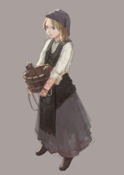 Rule 34 | 1girl, bad id, bad pixiv id, blonde hair, blue eyes, boots, bucket, buttons, carrying, dress, female focus, grey background, holding, ishidah, long hair, looking at viewer, original, peasant, rope, simple background, sleeves pushed up, solo, stained clothes, vest, wooden bucket