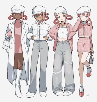 4girls bag beanie blue_eyes blush braid braided_hair_rings breasts closed_mouth coat dark-skinned_female dark_skin dress glasses grey_eyes grey_pants hair_rings handbag hat highres jacket jewelry joy_(pokemon) long_sleeves looking_at_viewer midriff multiple_girls navel necklace nintendo one_eye_closed open_clothes open_coat open_mouth oromnt pants pink_dress pink_hair pink_jacket pink_shirt pink_skirt pokemon pokemon_legends:_z-a shirt simple_background skirt smile white_coat white_jacket white_shirt