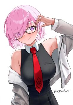 1girl bare_shoulders black_dress blush breasts closed_mouth commentary_request dress fate/grand_order fate_(series) glasses grey_jacket hair_over_one_eye highres jacket large_breasts long_sleeves looking_at_viewer mash_kyrielight motokebo17 necktie off_shoulder open_clothes open_jacket pink_hair purple_eyes short_hair smile