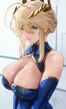 1girl ahoge artoria_pendragon_(fate) artoria_pendragon_(lancer)_(fate) artoria_pendragon_(lancer)_(third_ascension)_(fate) bare_shoulders blonde_hair blue_gloves blue_leotard blush braid breasts cleavage cleavage_cutout clothing_cutout commentary_request crown elbow_gloves fate/grand_order fate_(series) gloves gold_trim green_eyes hair_between_eyes highres large_breasts leotard long_hair looking_at_viewer parted_lips sidelocks signature smile solo yamaneko_(tkdrumsco)