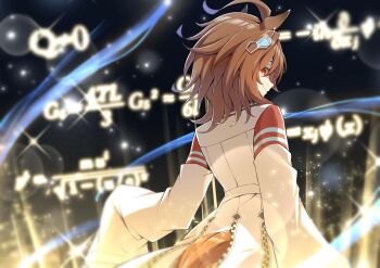 1girl absurdres agnes_tachyon_(tach-nology)_(umamusume) agnes_tachyon_(umamusume) ahoge animal_ears black_shirt brown_hair calculus chemical_structure clothing_cutout commentary_request cowboy_shot dark_background earrings equation eye_trail from_behind hair_between_eyes highres horse_ears horse_girl jewelry lab_coat light_trail long_sleeves looking_at_viewer math physics red_eyes ruisuke shirt short_hair single_earring sleeves_past_fingers sleeves_past_wrists smile solo tail tail_through_clothes umamusume