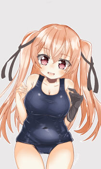 1girl arms_behind_head black_gloves blue_one-piece_swimsuit blush breasts brown_eyes brown_hair cleavage covered_navel gloves gluteal_fold highres johnston_(kancolle) kantai_collection large_breasts long_hair looking_at_viewer mf_u_c one-piece_swimsuit single_glove swimsuit two_side_up