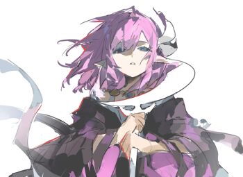 1girl blue_eyes ceremonial_blade_(honkai:_star_rail) chinese_commentary coat commentary_request cyrene_(honkai:_star_rail) cyrene_(philia093)_(honkai:_star_rail) dress highres holding holding_staff honkai:_star_rail honkai_(series) jewelry looking_at_viewer multicolored_hair necklace parted_lips pink_hair pointy_ears purple_coat short_hair simple_background solo staff two-tone_hair white_background white_dress white_hair youzaiyouzai143