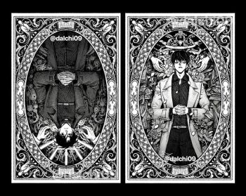 Rule 34 | 2boys, black coat, black hair, black shirt, border, coat, collared shirt, commentary, cowboy shot, crown, dalchi09, english commentary, flower, greyscale, kim dokja, lying, monochrome, multiple boys, omniscient reader's viewpoint, on back, open clothes, open coat, ornate border, outstretched arm, own hands clasped, own hands together, people, reaching, reaching towards another, rose, shirt, short hair, too many hands, upside-down, white coat, yoo joonghyuk