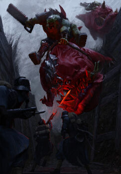 5boys alien astra_militarum backpack bag bayonet coat combat_helmet commentary death_korps_of_krieg energy_gun english_commentary gas_mask helmet highres horseback_riding lasgun mask multiple_boys orc ork_(warhammer) plank riding sharp_teeth stahlhelm teeth tibz-ollier trench trench_coat warhammer_40k weapon