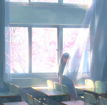 1girl absurdres arms_at_sides chair cherry_blossoms chinese_commentary classroom closed_mouth commentary_request curtains day feet_out_of_frame floating_curtains glint grey_hair grey_shirt grey_skirt highres indoors long_hair looking_at_viewer looking_to_the_side morncolour original pleated_skirt school_uniform shirt short_sleeves signature skirt solo spring_(season) standing straight_hair table variant_set watermark window