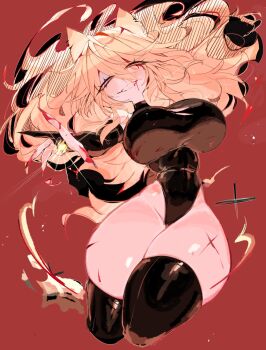 1girl animal_ears bare_shoulders black_gloves black_leotard black_thighhighs blonde_hair blood blood_from_mouth blood_on_face blush breasts commentary_request cropped_legs curvy double-parted_bangs elbow_gloves energy fleetway_super_sonic genderswap genderswap_(mtf) gloves grin hair_between_eyes heattech_leotard highres humanization large_breasts leotard long_hair looking_at_viewer narrow_waist partially_fingerless_gloves red_background sharp_teeth smile solo sonic_(series) sonic_the_hedgehog super_sonic teeth thick_thighs thighhighs thighs turtleneck usa37107692