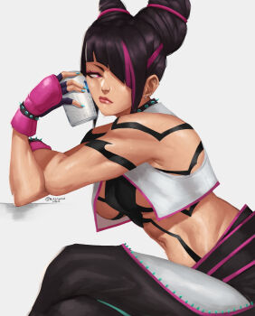 bored breasts can collar commentary ear_piercing english_commentary gloves hair_over_one_eye han_juri highres looking_to_the_side midriff nire_(nirefuster) piercing signature simple_background sitting spiked_collar spikes street_fighter
