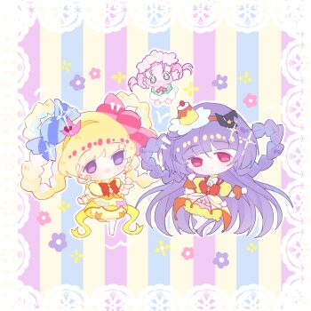 3girls absurdly_long_hair asahina_mirai back_bow bare_legs barefoot black_hat blonde_hair blunt_bangs border bow bow_skirt bowtie braid braided_hair_rings brown_wrist_cuffs bubble_skirt candy_hair_ornament chibi child chinese_commentary clenched_hands closed_mouth coattails collared_dress colorful_background commentary_request cure_magical cure_magical_(topaz_style) cure_miracle cure_miracle_(topaz_style) curious dress earrings fairy flower flower_dress flower_earrings food food-themed_hair_ornament frilled_gloves frilled_skirt frilled_sleeves frills gloves green_dress green_eyes ha-chan_(mahou_girls_precure!) hair_between_eyes hair_flower hair_ornament hair_rings hairband happy hat hat_ornament head_wreath heart heart_hat_ornament highres izayoi_liko jewelry lace lace_border leg_up light_blush long_dress long_hair magical_girl mahou_girls_precure! medium_hair mini_hat mini_witch_hat miniskirt multiple_girls open_mouth orange_bow orange_bowtie ornate_border outline pink_eyes pink_flower pink_hair pink_hat precure pudding puffy_short_sleeves puffy_sleeves purple_eyes purple_hair quqi_xiao_shuang red_bow red_bowtie short_dress short_hair short_sleeves short_twintails skirt skirt_under_dress smile sparkle star_(symbol) star_hat_ornament striped_background tareme twintails variant_set vertical-striped_background very_long_hair white_border white_gloves white_outline witch_hat wrist_cuffs yellow_bow yellow_dress yellow_hairband yellow_skirt