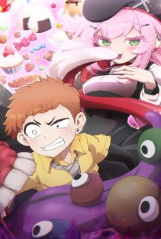 Rule 34 | 1boy, 1girl, akujiki-san, akujiki-san no gohan, baguette, beret, black dress, black eyes, black hat, black shirt, bread, brown hair, cake, candy, clenched teeth, colored eyelashes, cookie, curry, curry rice, dress, ear piercing, earrings, food, fyfnlbfpzstm6fy, green eyes, hair ornament, hairclip, hand on own chest, handkerchief, hat, highres, holding, holding handkerchief, jewelry, monster, necktie, onigiri, open mouth, piercing, pinafore dress, pink hair, pudding, red scarf, rice, scarf, shirt, shirt under shirt, sleeveless, sleeveless dress, sparkle, striped necktie, sweatdrop, teeth, tsukiyoshi kyuuji, white shirt, wiping mouth, yellow shirt