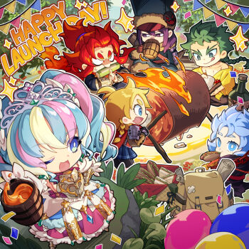 ;d aqua_hair backpack bag blank_eyes blonde_hair blue_eyes bottle chibi confetti cup curse_maker curse_maker_5 drinking drooling eating english_text etrian_odyssey fire food forked_eyebrows fur-trimmed_headwear fur_trim green_eyes green_hair gunner_(sekaiju) gunner_5_(sekaiju) hair_between_eyes hat holding holding_cup kuji-in monk_(sekaiju) monk_5_(sekaiju) mouth_drool mug one_eye_closed open_mouth outdoors pink_hair plant princess_(sekaiju) princess_5_(sekaiju) purple_eyes purple_hair red_hair ringed_eyes rock rotisserie sacanahen sandwich second-party_source sekaiju_no_meikyuu sekaiju_no_meikyuu_1 sekaiju_no_meikyuu_2 sekaiju_no_meikyuu_3 sekaiju_no_meikyuu_hd shinobi_(sekaiju) shinobi_5_(sekaiju) smile sovereign_(sekaiju) sovereign_5_(sekaiju) swordsman_(sekaiju) swordsman_5_(sekaiju) thick_eyebrows tiara