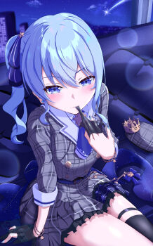 1girl absurdres beret black_gloves black_thighhighs blue_choker blue_eyes blue_hair blush breasts choker closed_mouth collared_shirt commentary_request earrings glove_in_mouth gloves grey_hat grey_jacket hair_between_eyes hat highres hololive hoshimachi_suisei hoshimachi_suisei_(1st_costume) jacket jewelry long_sleeves looking_at_viewer medium_breasts mouth_hold night night_sky partially_fingerless_gloves plaid_clothes plaid_hat plaid_jacket shirt shooting_star single_thighhigh sitting sky smile solo soware star_(symbol) star_choker thighhighs virtual_youtuber white_shirt