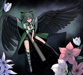 Rule 34 | 1girl, absurdres, arm cannon, asymmetrical legwear, bird wings, black hair, black shorts, black wings, bow, cape, closed mouth, commentary, english commentary, flower, full body, green bow, green skirt, hair bow, highres, long hair, mismatched legwear, pink flower, red eyes, reiuji utsuho, shirt, shorts, sidelocks, skirt, solo, starry sky print, third eye, touhou, weapon, weedhollow (dokuran), white cape, white flower, white shirt, wings