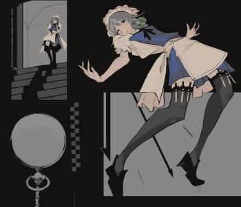 1girl apron bad_tag black_background black_bow black_shoes black_thighhighs blue_dress bow clock concealed_weapon dress embodiment_of_scarlet_devil green_bow grey_hair hair_bow izayoi_sakuya jojo_no_kimyou_na_bouken jojo_pose knife llamas_yes maid maid_apron maid_headdress shoes stairs thighhighs tiptoes touhou weapon wryyyyyyyyyyyyyyyyyyyy