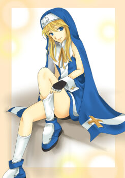 Rule 34 | 1boy, adjusting sock, aika (nikukyuu29), ankle boots, bare shoulders, bike shorts, black gloves, black shorts, blonde hair, blue boots, blue eyes, blue veil, blue vest, boots, border, bridget (guilty gear), closed mouth, commentary, cross, cross print, fingerless gloves, foot out of frame, gloves, guilty gear, guilty gear xx, guimpe, knee up, kneehighs, long sidelocks, looking at viewer, male focus, medium hair, neck ribbon, nun, orange border, outside border, print wrist cuffs, ribbon, shirt, shorts, sidelocks, sitting, sleeveless, sleeveless shirt, smile, socks, solo, trap, veil, vest, white background, white shirt, white socks, white trim, white wrist cuffs, wrist cuffs, yellow ribbon