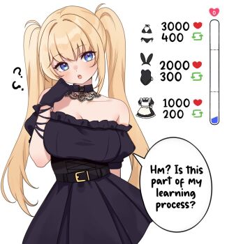 1girl ? ?? ani_(xai) arm_behind_back belt black_belt black_collar black_dress black_gloves blonde_hair blue_eyes collar commentary cowboy_shot dress english_commentary english_text gloves hair_intakes lace-trimmed_collar lace_trim long_hair looking_at_viewer moshiedraws parted_lips progress_bar sidelocks simple_background solo talking twintails twitter twitter_strip_game very_long_hair white_background xai_(company)