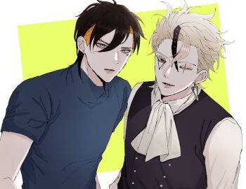 2boys ascot black_hair black_vest blonde_hair blue_shirt boruto:_two_blue_vortex code_(naruto) commentary earrings english_commentary eyebrow_piercing face_piercing facial_mark highres ifevilwhyuhot jewelry kawaki_(boruto) male_focus multiple_boys naruto_(series) one_eye_closed piercing red_eyes scar scar_across_eye scar_on_face shirt t-shirt triangle_earrings undercut vest white_ascot white_hair