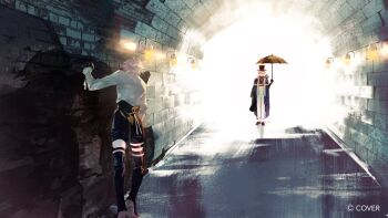 Rule 34 | 2boys, backlighting, bettel 2 (gavis bettel), bishounen, black gloves, black shorts, black thighhighs, blue hair, boots, brothers, commentary, copyright name, creature, creature on shoulder, english commentary, gavis bettel, gavis bettel (1st costume), glasses, gloves, grey hair, hair between eyes, hat, highres, holding, holding umbrella, holostars, holostars english, lynnear, male focus, medium hair, multicolored hair, multiple boys, official art, on shoulder, phantom (gavis bettel), pink hair, scarf, shadow, shirt, short hair, shorts, siblings, standing, stone wall, thigh boots, thighhighs, tunnel, twins, umbrella, virtual youtuber, white shirt